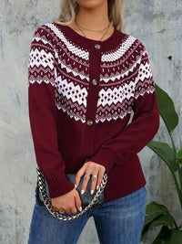 Cardigan bordeaux à motif géométrique blanc, col rond, boutons décoratifs