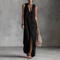 Robe longue sans manches boutonnée noire, fente avant, coupe fluide