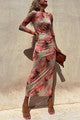 Robe en résille à manches longues rouge et verte, motif abstrait, coupe midi