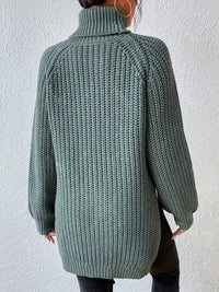 Pull col roulé vert en maille texturée, vue de dos, coupe ample, ourlet droit