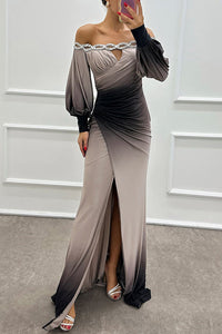 Robe longue de soirée grise, décolleté épaules nues, manches bouffantes, drapé et fente