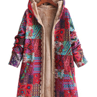Veste imprimée bohème à capuche beige fourrée, motif patchwork multicolore, boutons