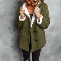 Manteau en polaire vert militaire à brandebourgs, col doublé sherpa et poches à pattes