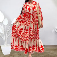 Robe-chemise imprimé géométrique rouge et écru, col en V, manches longues