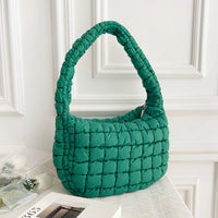 Sac porté épaule plissé vert foncé, anse courte, matelassage en losanges