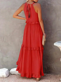 Robe Ilona dos nu à volants, rouge, dos échancré et jupe ample avec volants en étages