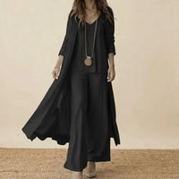 Ensemble trois pièces noir : tunique, pantalon fluide, veste longue ouverte manches 3/4