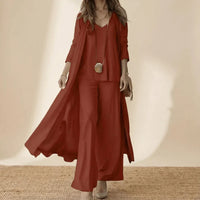 Ensemble trois pièces bordeaux : tunique, pantalon ample, veste longue ouverte manches 3/4