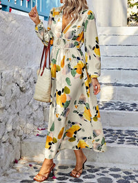 Robe longue à encolure décolletée, imprimé fleurs multicolores, manches bouffantes, taille