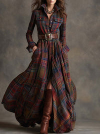 Robe-chemise ceinturée à carreaux rouge et bleu, fermeture boutonnée, jupe ample fendue