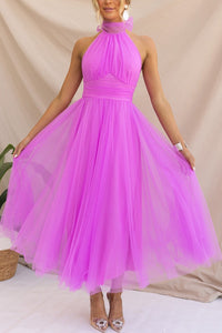 Robe chic en tulle Phoebe™, violet, encolure haute sans manches, jupe évasée