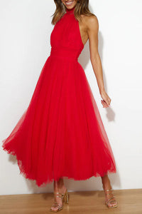 Robe midi Phoebe en tulle rouge, col haut, jupe longue à volants, coupe évasée