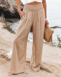 Pantalon de plage beige à taille élastique froncée et jambes larges