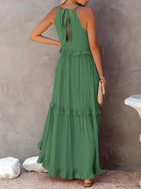 Robe Ilona dos nu à volants, vert, dos nageur et volants superposés pour une coupe ample