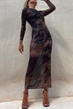 Robe en résille noire à manches longues, motif dégradé sombre, coupe midi