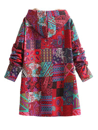 Veste imprimée bohème multicolore, capuche à bord fausse fourrure beige