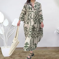 Robe-chemise imprimé géométrique vert et kaki, col en V, manches longues