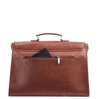 Sac à main cartable en cuir brun, poche avant et fermeture zippée
