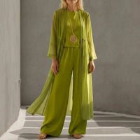 Ensemble vert olive : top manches, pantalon ample et kimono long fluide assorti