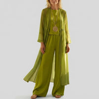 Ensemble vert olive avec top à encolure ronde, pantalon large et kimono léger