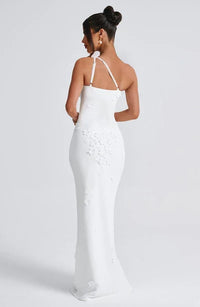 Robe longue blanche Crana™ au dos nu, fines bretelles et broderie florale