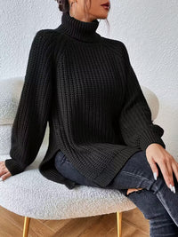 Pull oversize en maille côtelée, col rond cheminée, noir, manches longues