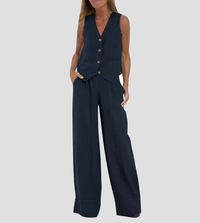 Ensemble gilet boutonné bleu marine sans manches, col V, boutons, pantalon palazzo
