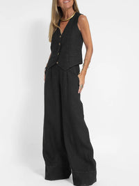 Ensemble gilet boutonné et pantalon ample noir, gilet sans manches à col en V