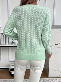 Pull doux à col rond vert menthe, vue dos, maille torsadée en relief