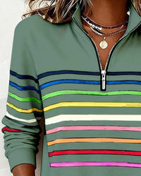 Sweat vert à demi-zip, rayures horizontales colorées, col zippé