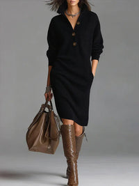 Robe-pull noire à col V boutonné, manches longues, coupe droite