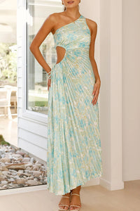 Robe longue plissée asymétrique sans manches, motifs turquoise et bleu clair