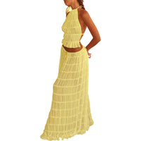 Ensemble long bohème froncé, couleur jaune clair, haut col montant et jupe maxi étagée