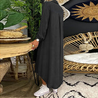 Robe longue bohème noire ample, manches longues, boutonnage, coupe droite