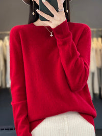 Pull en maille rouge, col rond côtelé, manches longues, coupe ample