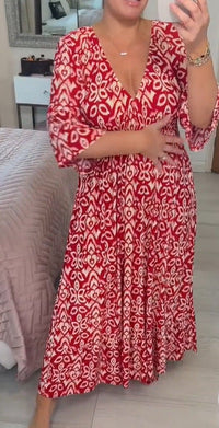 Robe longue femme rouge à imprimé floral, encolure cache-cœur et manches courtes
