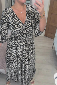 Robe longue femme bleue foncée à motif abstrait, encolure en V, manches 3/4