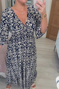 Robe longue femme bleue marine à motif abstrait, encolure en V et manches 3/4