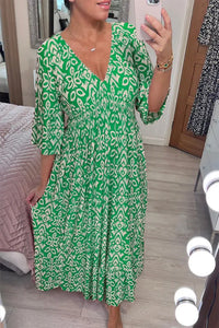 Robe longue femme verte à motif géométrique, encolure en V et manches courtes