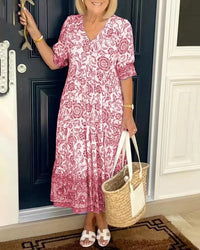 Robe longue femme rose à imprimé floral, encolure cache-cœur, manches courtes