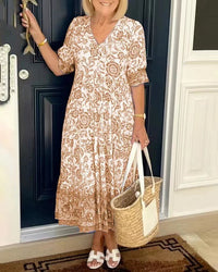 Robe longue femme beige à imprimé floral, encolure cache-cœur, manches courtes