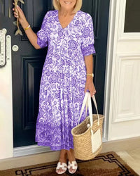 Robe longue femme violette à imprimé floral, encolure cache-cœur et manches courtes