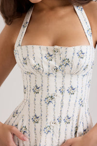 Robe midi blanche à fleurs bleues, encolure carrée, bretelles à détails noués