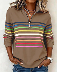 Sweat à demi-zip kaki à rayures multicolores, manches longues