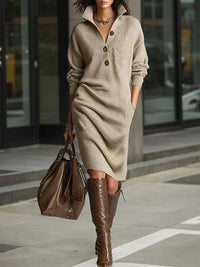 Robe-pull beige à col V et boutons, manches longues, coupe droite