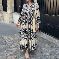 Robe-chemise imprimé géométrique bleu marine et beige, col en V, manches longues