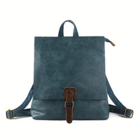 Sac à dos rétro en cuir bleu, rabat avant avec boucle et bretelles réglables
