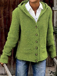 Cardigan à capuche vert à boutons, manches longues, poches plaquées