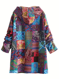 Veste imprimée bohème multicolore, capuche doublée fausse fourrure beige