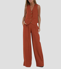 Ensemble gilet boutonné et pantalon ample rouge brique, sans manches à col en V